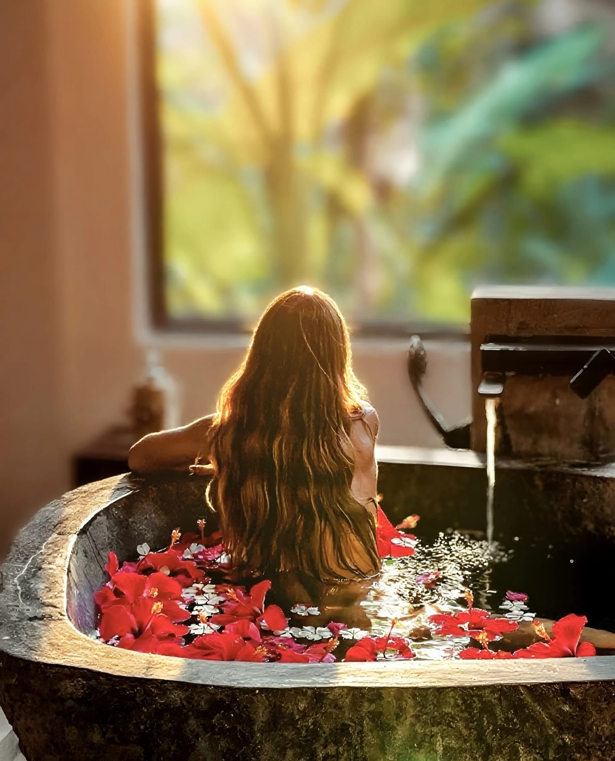 Guest relaxing in a flower-filled spa bath
